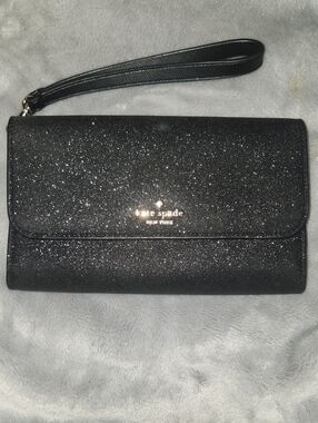 kate spade Black Glitter Wristlet Clutch with Logo